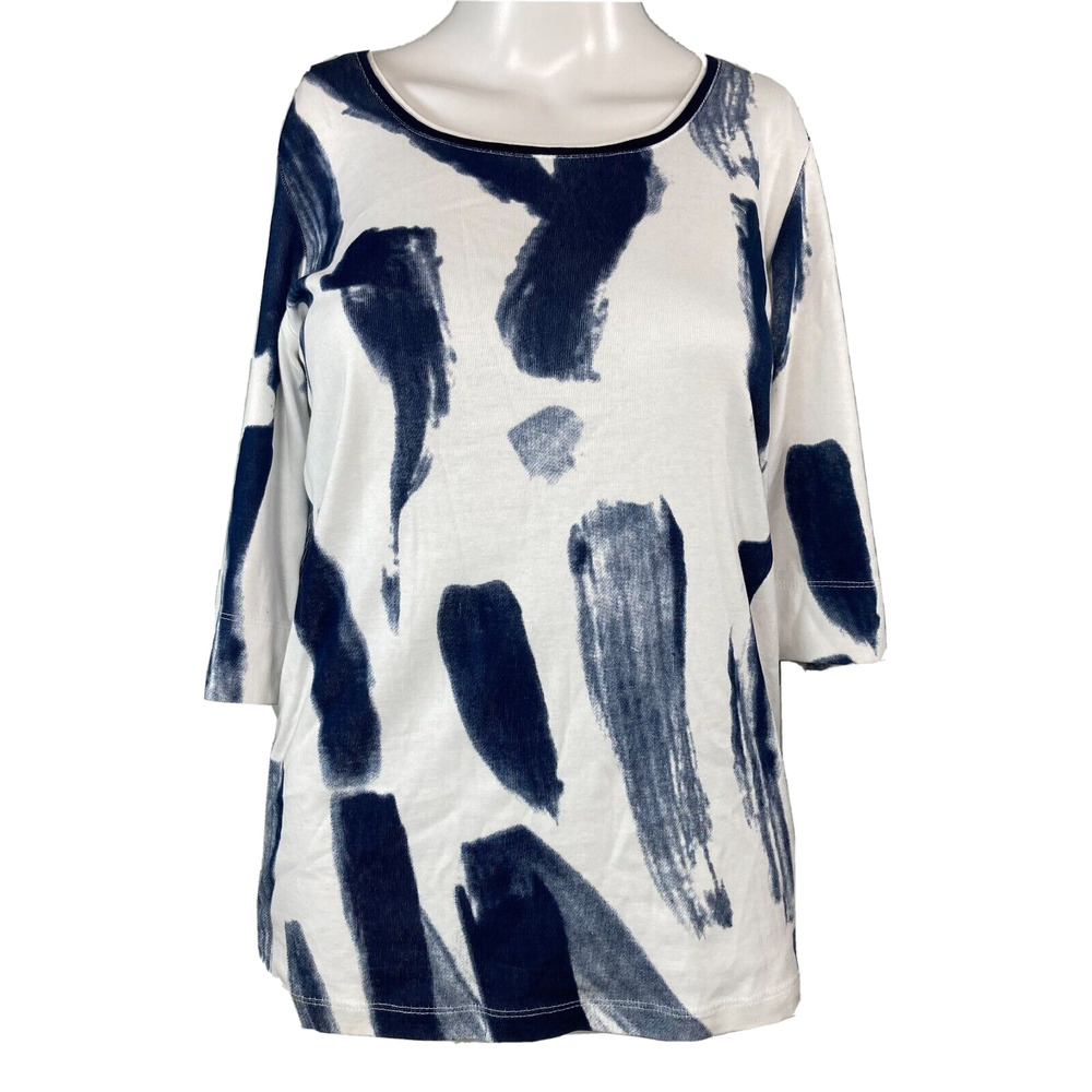 Marble Shirt Womens Sz XS White Blue Print Cotton Knit Stretch 3/4 Sleeve‎ Art